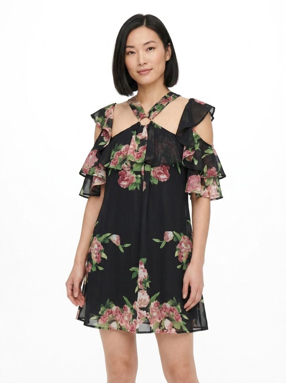6ip9 Entro D9632 Floral Halter Cold Shoulder Ruffle Dress Women Size M
